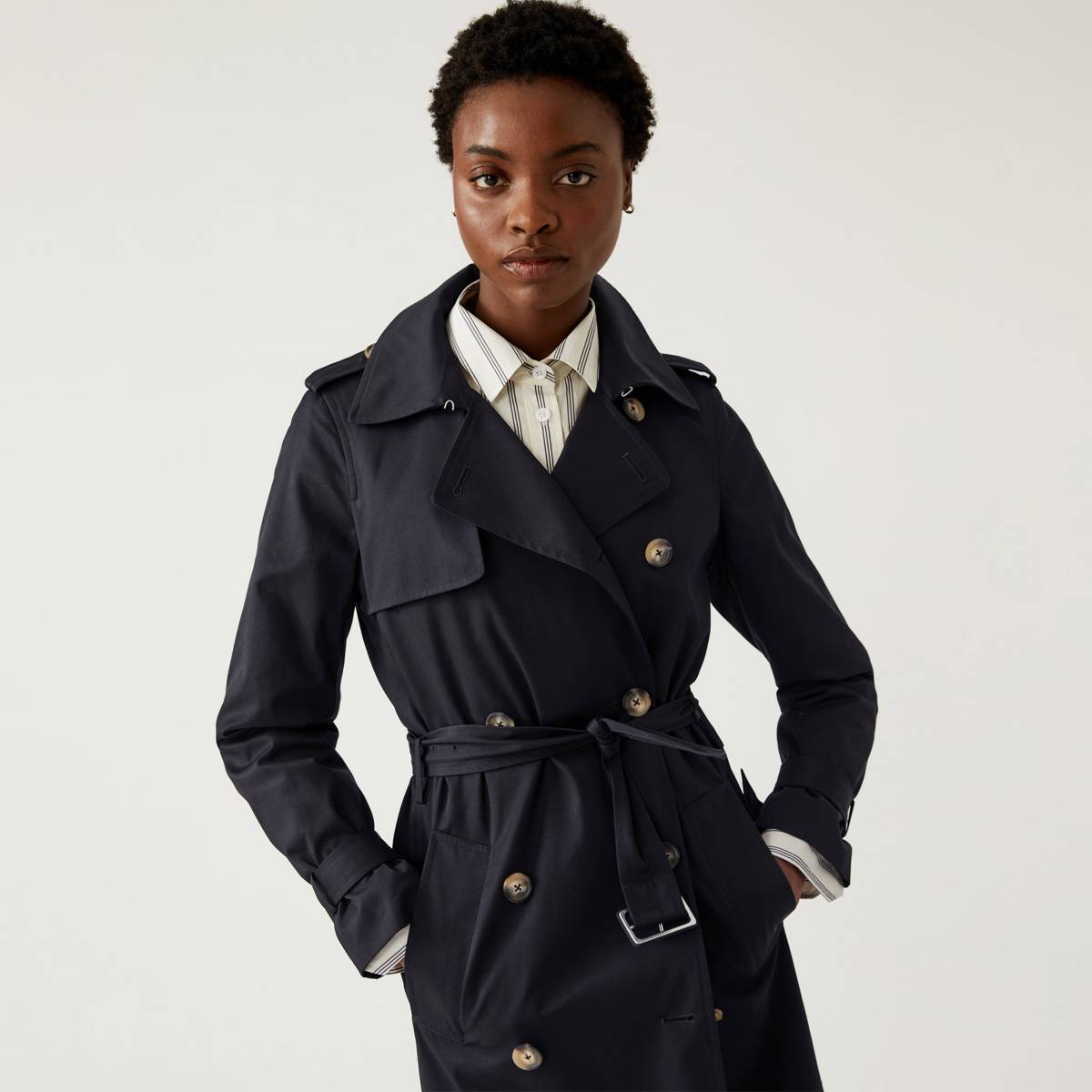  Model wearing black double-breasted trench coat